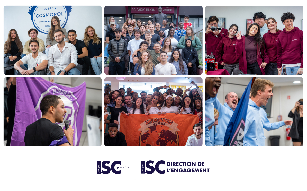 Montage photo type Polaroid réunissant les équipes des Entreprises Étudiantes de l’ISC Paris, illustrant l’énergie et la dynamique du système associatif.